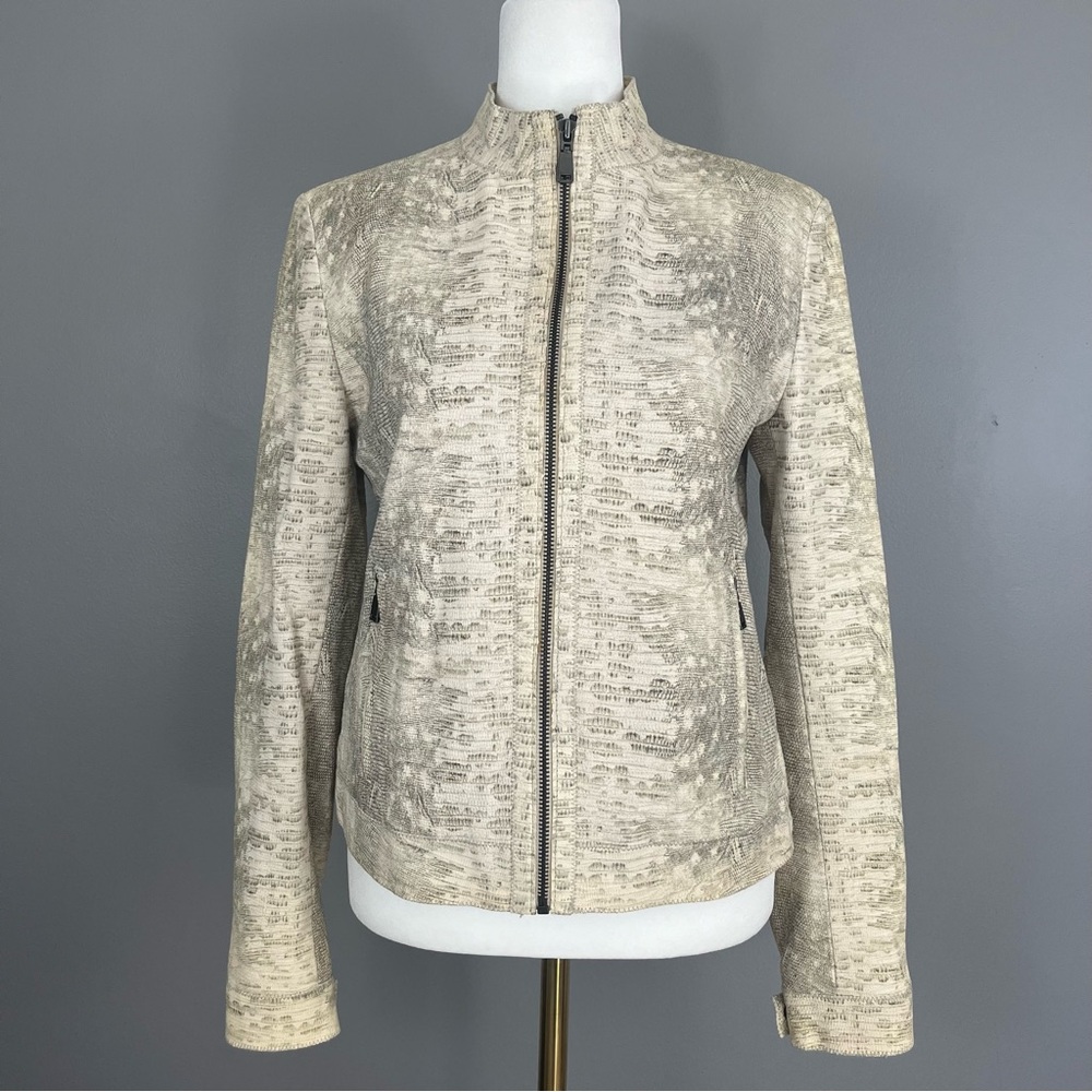 Elie Tahari Size Small Moto Leather Jacket Snakeskin Print Zip Brown Green